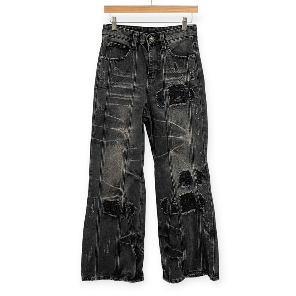 Ditch LA Mens Black Distressed Flare Leg Baggy Jeans 30x30 Streetwear Grunge Y2K